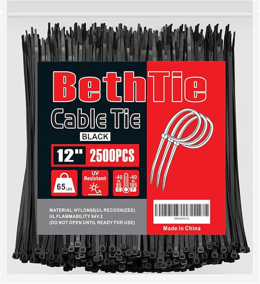 BethTie Black 12 Inch Black Zip Ties (2500 Pack), 65 LBS Tensile Strength, Self-Locking Nylon PA66 UV Resistant Cable Ties for Indoor and Outdoor Use