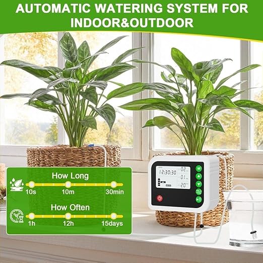 Automatic Plant Watering System with Timer, Adjustable Drip Irrigation Kit for Indoor and Outdoor Gardens and Greenhouses, Capacity 15 Pots