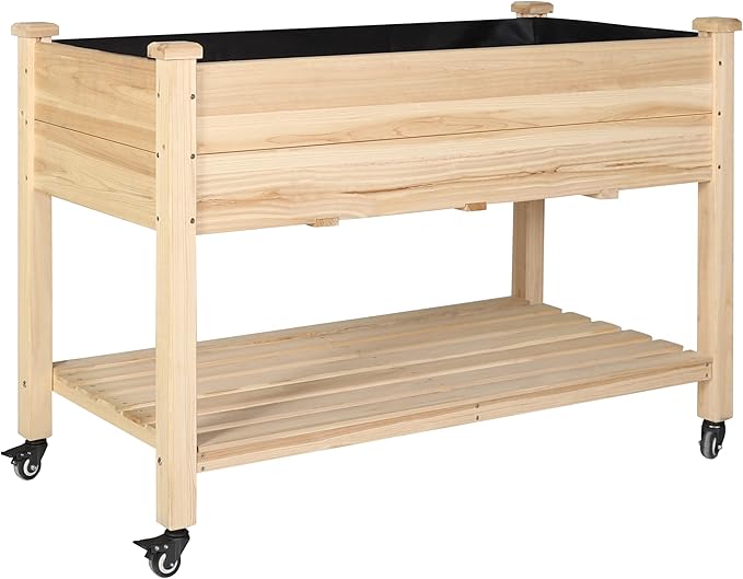 BlueWish 48" W x 24" D x 33" H Planter Boxes Outdoor, Cedar Garden Bed with Detachable Black Liner, Drainage Holes, Storage Shelf, Raised Beds for Gardening, Vegetable, Flower