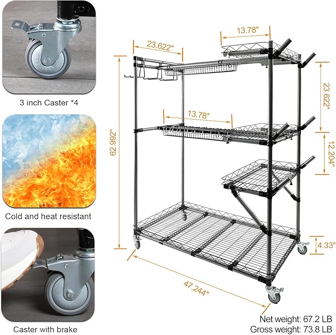 QTJH BIG Garden Tool Organizer with Wheels - Rolling Storage Rack - Multifunctional Cart