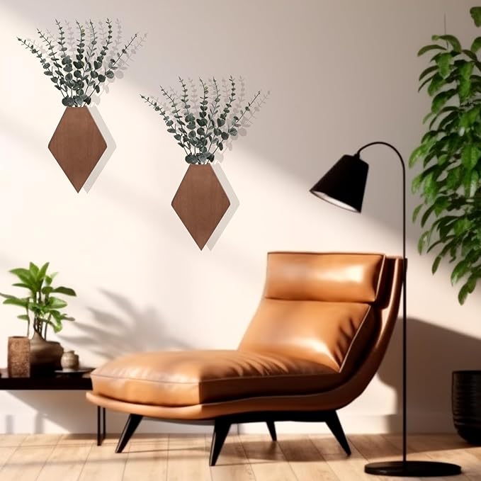 Chunful 2 Pcs Wooden Wall Planter Decor Hanging Faux Plants Greenery Flowers Holder Vase Boxes for Wall Bohemian Farmhouse Room Kitchen Office Indoor Decoration(Walnut Color,9.8 x 6.6 x 1.2 Inches)