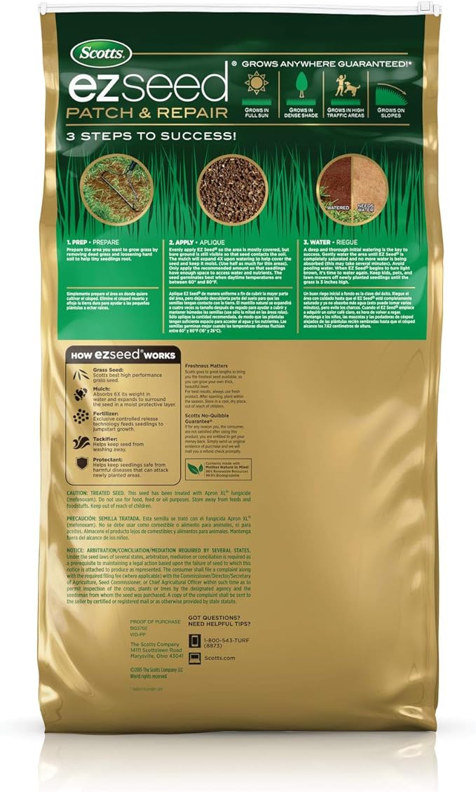 Scotts EZ Seed Patch & Repair Tall Fescue Lawns - 10 lb., Combination Mulch, Seed, and Fertilizer Mix with Tackifier, Repairs Bare Spots, Covers up to 225 sq. ft. (17519)