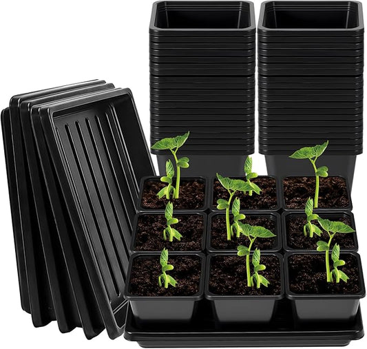 NNG 3.5 inch 50 Pcs Black Square Nursery Pots with 5 Pcs Plastic Seed Starting Trays,Plant Propagation Starter Kit Square Seed Starting Pots with Drain Holes