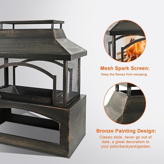 Outdoor Fire Pit Wood Burning Fireplace, Large Log Burner Firepit with Log Grate and Poker, Metal Firepit for Patio Garden Backyard Outside, 37 x 32 x 18 inch