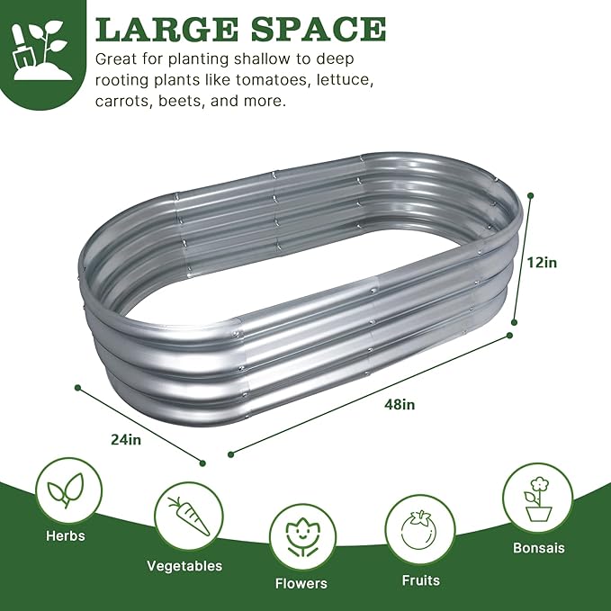 1-Pack 4 * 2 * 1FT Raised Garden Bed Kits, Outdoor Oval Metal Galvanized Ground Planter Garden Boxes for Planting Plants Vegetables Flowers Herbs Fruits, Silver