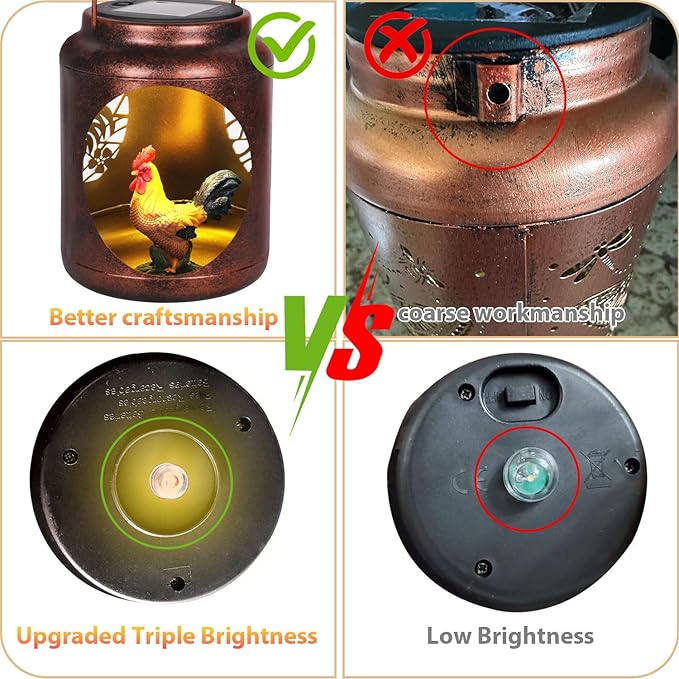Solar Lanterns Outdoor Waterproof Metal Rooster Patterns with Resin Rooster Inside Garden Decor Gifts for Women Mom Grandma Hanging Solar Lights Decoration Outside for Yard, Patio, Backyard, Porch