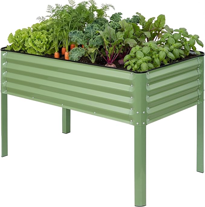 STBoo Elevated Raised Garden Bed with Legs and Wheels- 48''x24''x32'' Galvanized Metal Standing Planter Boxes Outdoor with Bottom Storage Shelf for Backyard, Patio, Balcony, Vegetables, Green