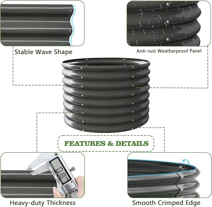 A ANLEOLIFE 4-Pack 3ft x 24” Tall Galvanized Raised Garden Beds Outdoor, Round Metal Planter Box for Planting Vegetables Flowers Herb, Anti-Rust & Easy-Setup, Quartz Grey