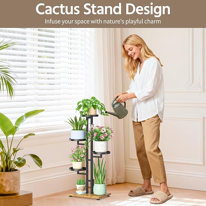 LASZOLA Black 4 Tiered Plant Stand Indoors Heavy Duty Metal Rack, Sturdy Multi Level Shleving Hold Flowers, Larger House Decorate Ladder for Planting Inside Tree Herb Cactus, Wooden Base, Space Saving