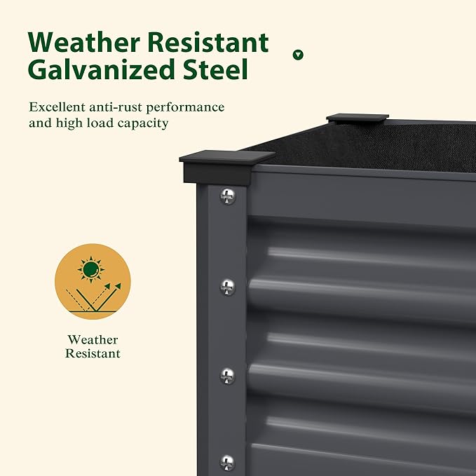 BlueWish 48" W x 24" D x 32" H Raised Garden Bed, Galvanized Garden Bed with Detachable Black Liner, Drainage Gaps, Raised Garden Beds Outdoor 507 lbs Capacity, Gardening, Vegetable, Flower, Grey