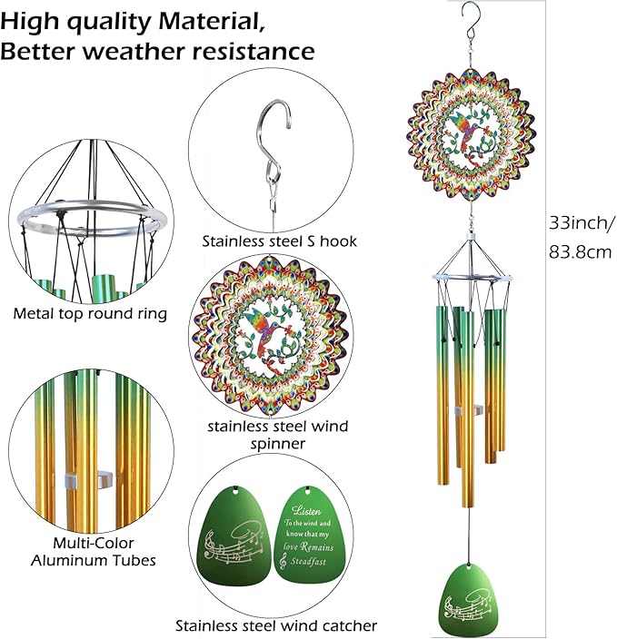 Wind Chimes for Outside with Hummingbird Wind Spinner,33" Memorial Wind Chimes Outdoor Decor for Zen Garden Patio Home,Best Gifts for Mom Women Father Grandma Neighbors,Christmas Ornaments