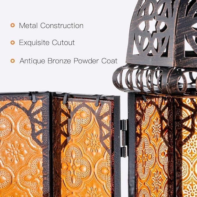 NEEDOMO 11'' Moroccan Lanterns Decorative Indoor & Outdoor, Vintage Christmas Candle Holder, Metal Lanterns Decorative, Table, Patio, Porch, Shelf, Christmas Spring Halloween Home Decor (Amber)
