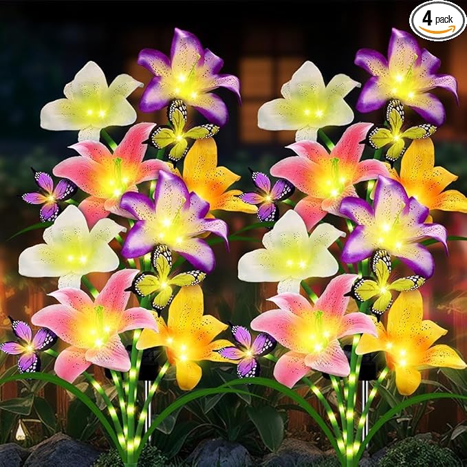 4 Pack Solar Garden Lights LED Solar Lilies Flower Lights, Yard Patio Pathway Decoration High Flexibility Copper Wire Handmade Silk Artificial Flowers Never Wither, Gift for Family Friends
