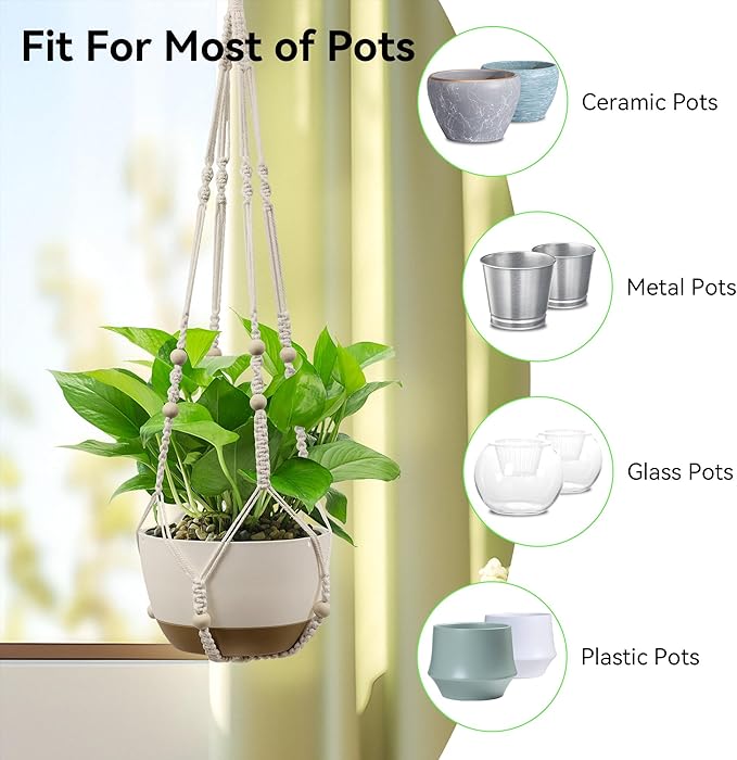 USLAI Macrame Plant Hanger Indoor Outdoor, Up to 4-15 inch Pot, Strong Hanging Planter Basket, Boho Home Decor, 23+29+35 Inch, Ivory (POTS NOT Included)