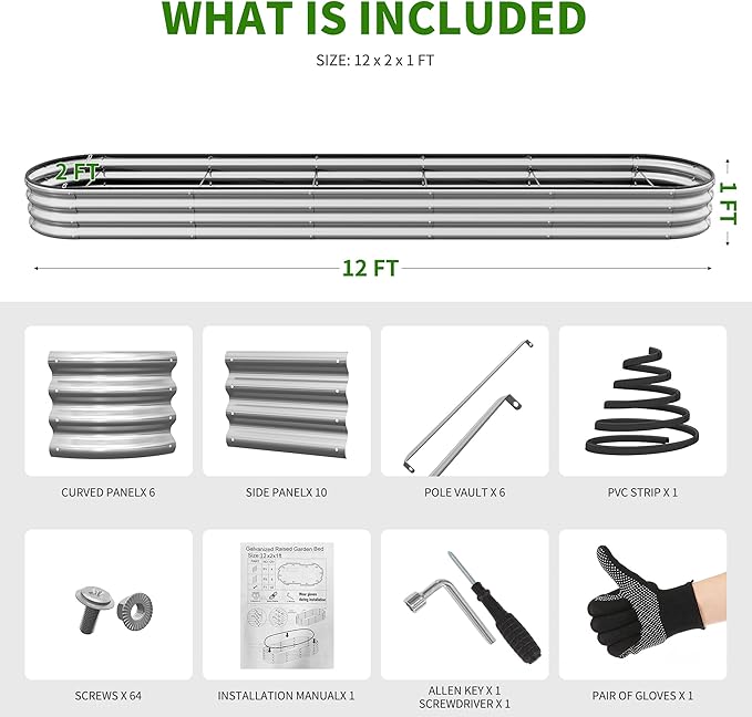 Galvanized Metal Raised Garden Bed Kit for Outdoor Planter Boxes with Easy Assembly,4x2x1ft-2PCS Oval Large Galvanized Gardening Raised Bed for Vegetables, Fruits, Flower (Silver, 12*2*1ft)