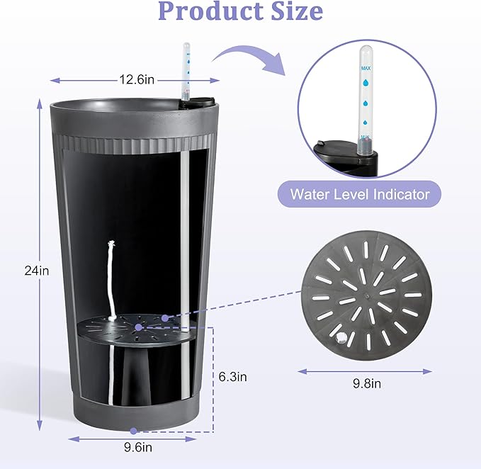 24in Tall Self-Watering Planters Set of 2 - Grey Flower Pots with Water Level Monitor, Non-Toxic Plastic Planters for Indoor Outdoor Patio, Porch, Living Room, Home Office