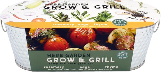 BUZZY Organic Herb Seeds Grow and Grill Kit – Organic Rosemary, Sage & Thyme – Indoor Starter Set with Hammered Metal Planter, Soil & Instructions – Perfect Kitchen Garden Gift