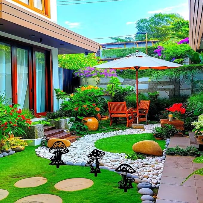 Decorative Mushroom Garden Stakes Black Garden Fairy Tale Mushroom Garden Stakes Metal Silhouette Art, Set of 3 (1, Matte Black)