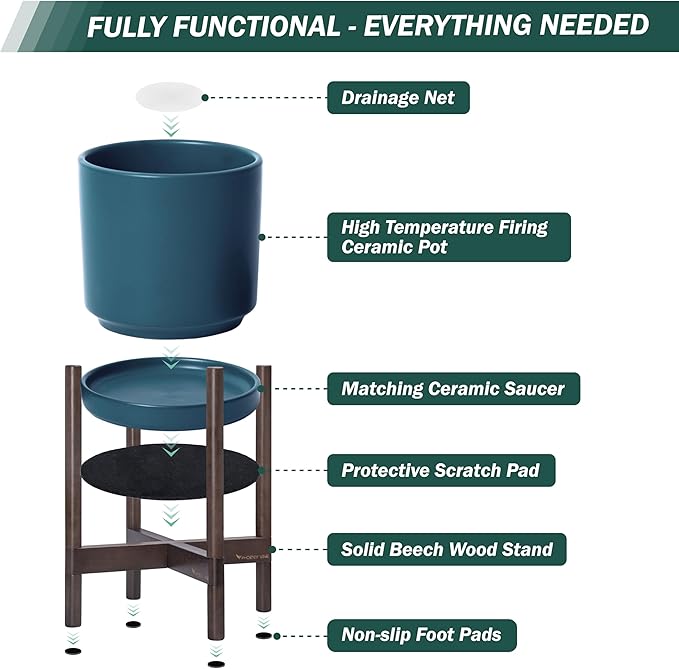 D'vine Dev Ceramic Planter with Walnut Color Stand - 14 Inch Modern Round Flower Pot with Wood Planter Holder, Teal, 55-B-T-4