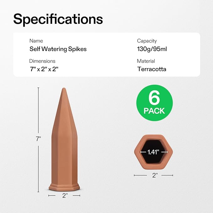 VIVOSUN 12-Pack Self-Watering Spikes, Hexagonal Terracotta Watering Stakes, Auto-Water Device, Planter Insert for Indoor & Outdoor Potted Plants