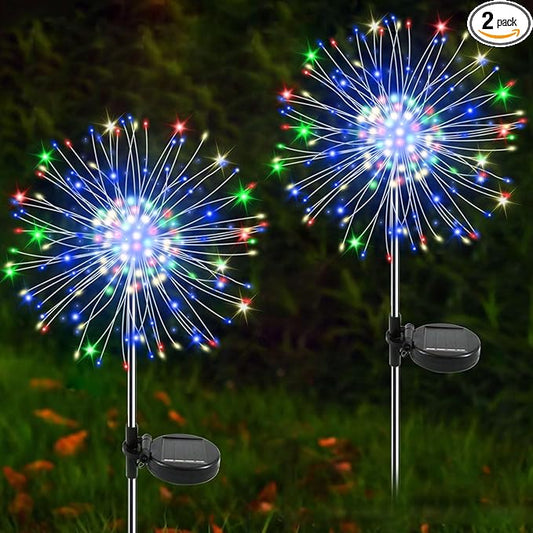 Solar Garden Lights Outdoor, 2 Pack 120 LED Twinkling Firework Lights Decorative with 2 Modes, Outdoor Waterproof Solar Starburst Light for Outside Yard Pathway Garden Decor, Multicolor