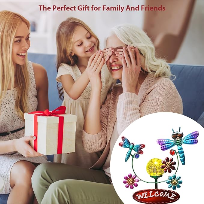 Solar Garden Stakes Metal Welcome Signs for Outside 30.3', 2 Flying Dragonflies with Cracked Glass Ball,Decorative Garden Stakes for Lawn, Patio, Dragonfly Gifts for Women