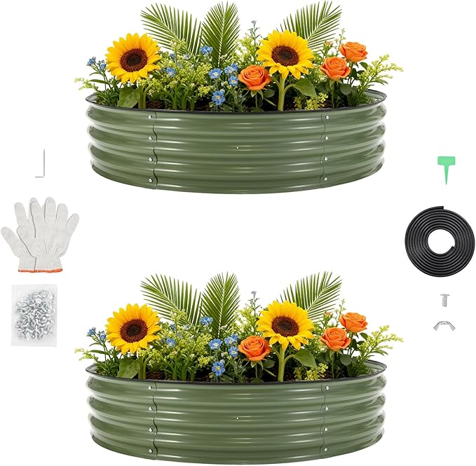 PeakPursuit 4X4x1Ft Galvanized Raised Garden Bed Kit, Metal Raised Garden Bed, Round Planter Box with Open-Ended Base for Vegetables, Flowers, Herbs & Fruits