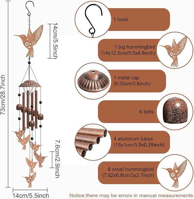Hummingbird Wind Chimes for Outdoors Hanging Metal Windchime for Women/Men, Garden Wind Chime Patio,Yard Decor Thanksgiving Gifts for Mom Bird Lover