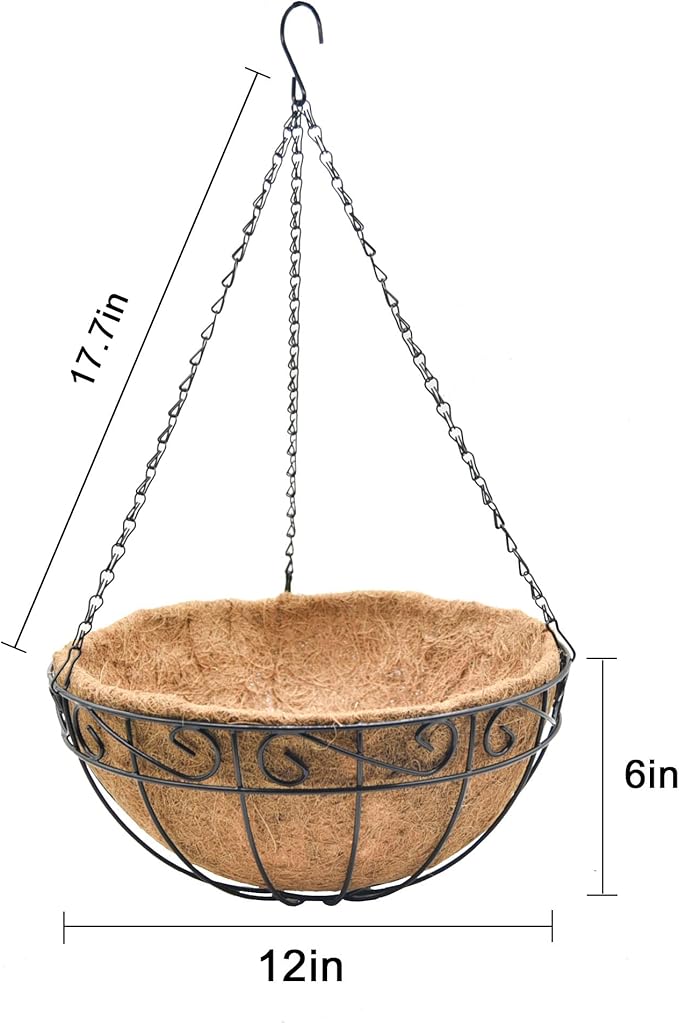 Hanging Planters for Outdoor Plants 4 Pack 12 inch Metal Hanging Flower Basket with Coco Coir Liner Wire Plant Holder Watering Flower Baskets Pot Hanger Garden Decoration for Indoor Outdoor(HBL)