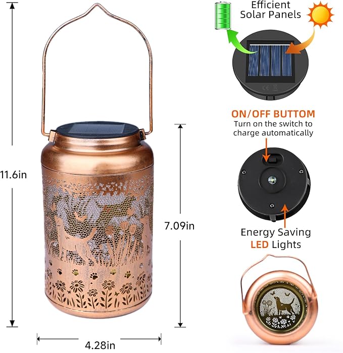 Solar Lanterns Outdoor Waterproof Garden Decor Dog Solar Lights Gifts for Women Men Mom Hanging Lantern LED Light Metal Dog Decoration Outside for Yard,Lawn,Porch,Patio,Tabletop