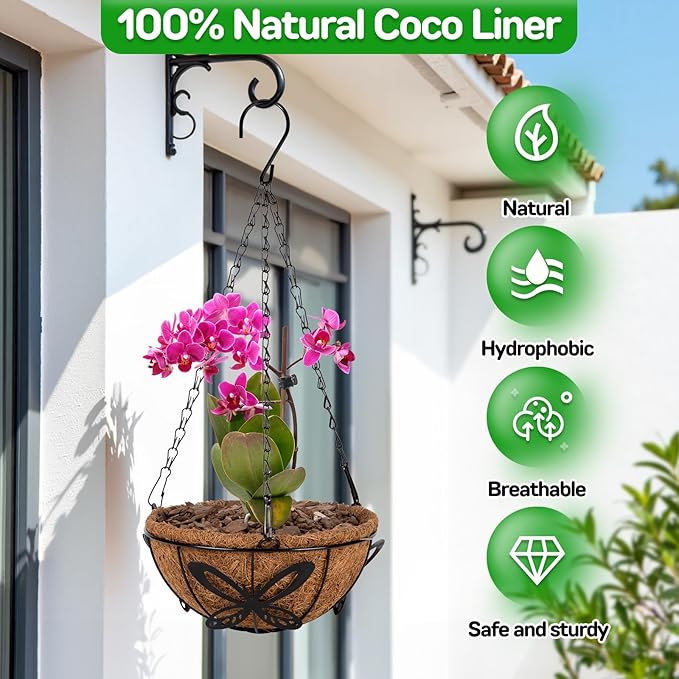 QCQHDU 3 Pack 8 inch Metal Hanging Orchid Baskets for Plants Outdoor, Hanging Orchid Planter Basket with Coco Liners, Orchid Pots with Holes for Garden, Patio, Deck, Porch Plants(Butterfly)