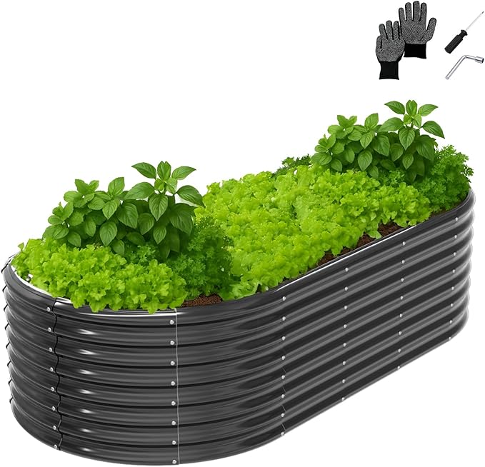 VINGLI 8x4x2ft Galvanized Raised Garden Beds, Oval Planter Boxes Outdoor, Raised Garden Bed for Gardening, Easy Assembly Planter Boxes for Vegetables (Black)