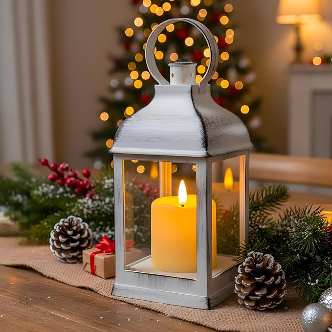 Yongmao White Vintage Lantern Decorative LED Flickering Flameless Candle with Timer, Battery Powered LED Decorative Hanging Lanterns for Indoor Outdoor Wedding Garden Yard Home Decor(4 Pack)