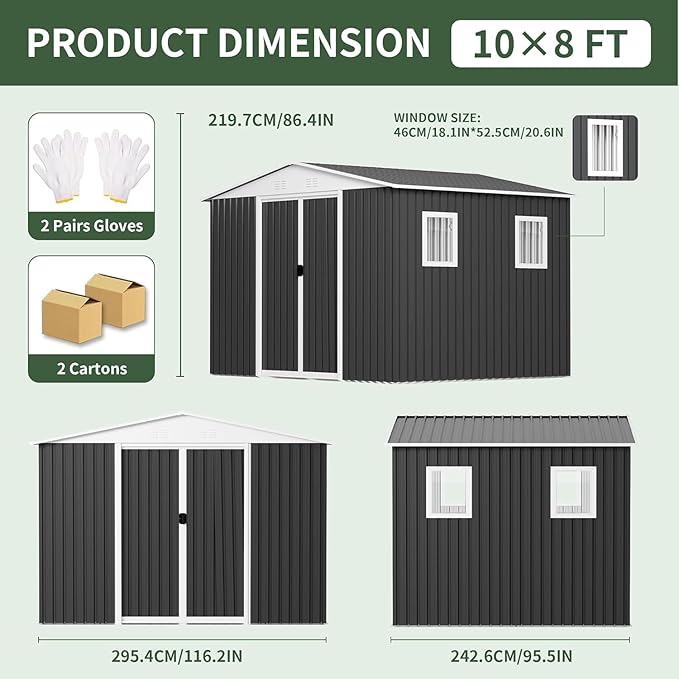 10FT x 8FT Outdoor Storage, Metal Anti-Corrosion Utility Tool House with Lockable Door & Shutter Vents，Outdoor Waterproof Garden Tool Storage Sheds（with 4 Transparent Window）