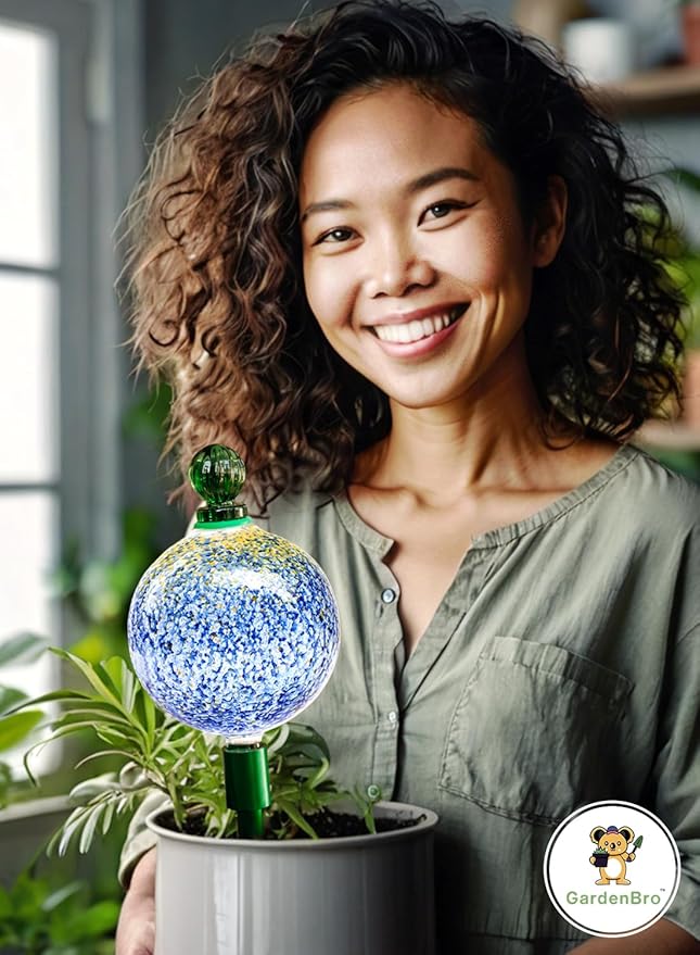 16 Oz Plant Watering Globes for Indoor Plants with Metal Self Watering Planter Insert - Premium XL Glass Hand-Blown Globe - Automatic Plant Waterer Indoor, Gift Idea for Gardener [1 Globe, Blue Gold]