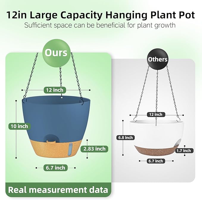 ZMTECH 12 Inch Hanging Planters for Indoor Plants & Outdoor - 2 Pack Self-Watering Hanging Pots with Drainage Holes, Visual Reservoir, Plastic Hanging Baskets Flower Pots with Removable Saucer, Blue
