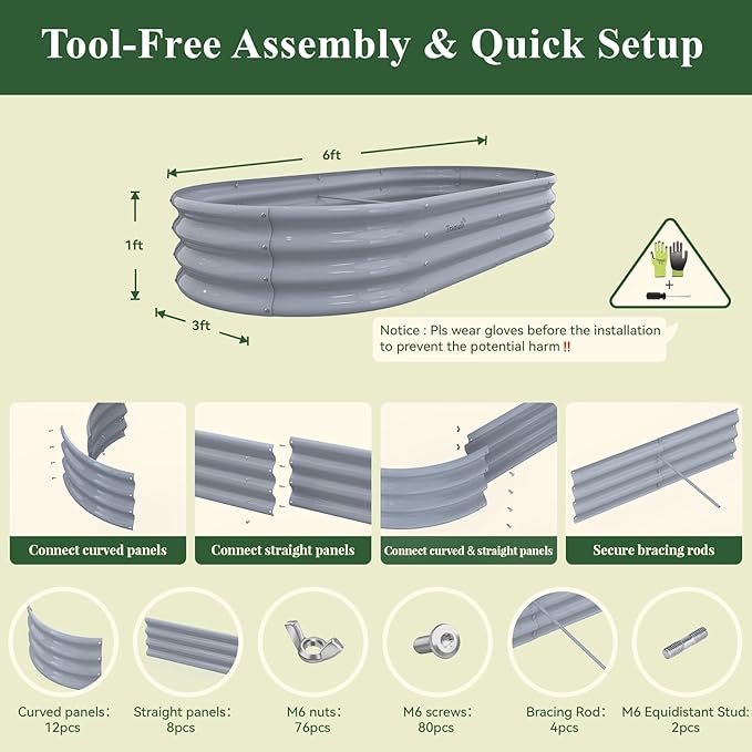 Galvanized Raised Garden Bed, 6x3x1ft Oval Metal Planter Box 2-Pack with Easy Tool-Free Assembly, Beginner & Senior Friendly, Large Outdoor Gardening Beds for Vegetables, Flowers, Herbs (Gray)