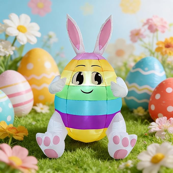 5FT Lighted Easter Inflatable Colorful Egg with Bunny Ears - Blow Up Outdoor Yard Decor for Lawn, Garden & Holiday Party