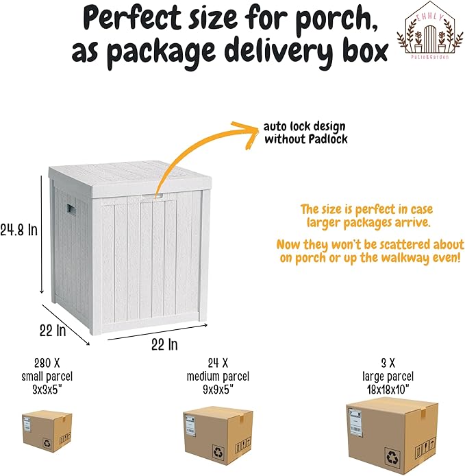 EHHLY Deck Box, 51 Gallon Front Porch Package Bin Delivery Box for Outside, Small Patio Outdoor Storage Boxes Waterproof, UV Resistant Plastic Resin Pool Storage Bins with lids, White
