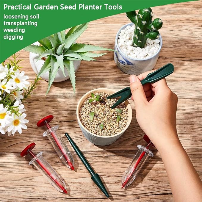 6 PCS Mini Seed Spreader Set, 2025 New Mini Sowing Seed Dispenser, Small Garden Seed Planter Tool, Hand held Manual Seed Spreader with Seedlings Dibber and Widger Set for Tiny Seeds