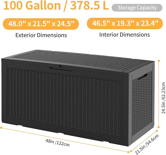 100 Gallon Waterproof Large Resin Deck Box, Lockable Storage Container for Patio Cushions, Garden Tools, Indoor & Outdoor (Black)