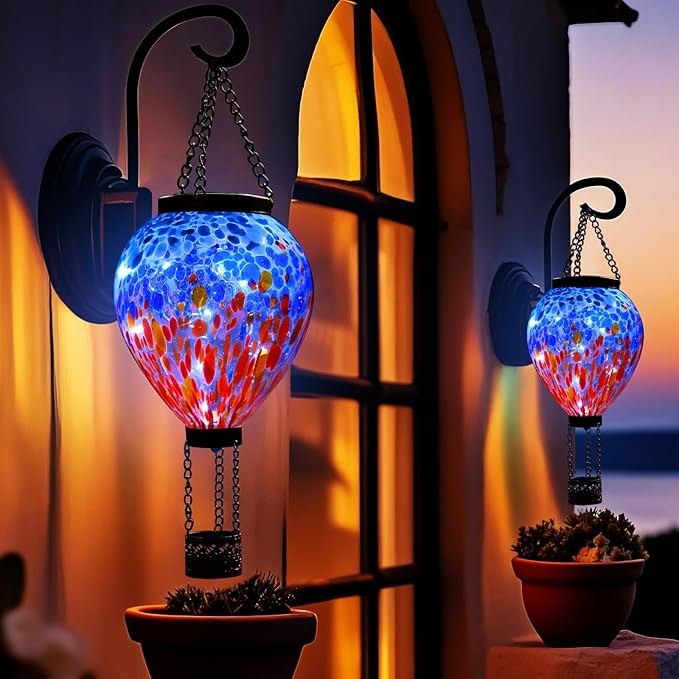 VOREEN Solar Hot Air Balloon Light – Handblown Colored Glass Outdoor Hanging Lantern for Garden, Patio, Balcony Decor – Waterproof, Fade-Resistant LED Light, Gift for Mom Wife Friend, Nature Lovers