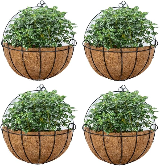NUPTIO 4 Pcs 14 Inch Hanging Planters for Indoor Wall Planter Pots with Coconut Liners Wire Large Garden Artificial Faux Flowers Basket for Summer Outdoor Outside Fence Decoration