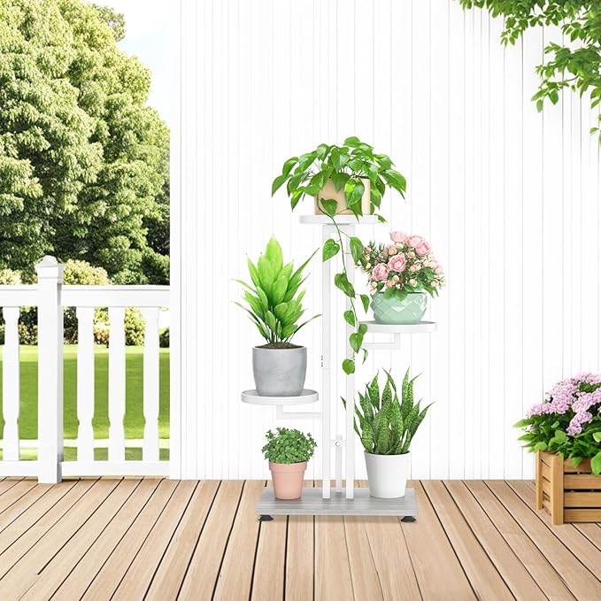 LASZOLA White 3 Tiered Plant Stand Indoors Heavy Duty Metal Rack, Sturdy Multi Level Shleving Hold Flowers, Larger House Decorate Ladder for Planting Inside Tree Herb Cactus, Wooden Base, Space Saving