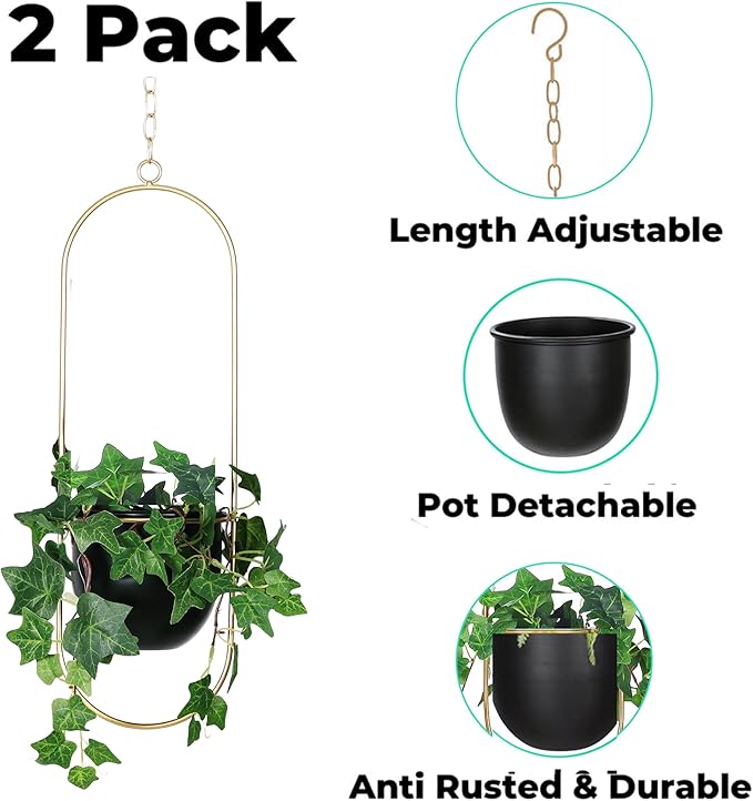 Shineloha 2 Pack Hanging Planters for Indoor Plants with 5.5" Pot + Ceiling Hook | Black Hanging Planter, Metal Plant Hanger, NO Plant incld