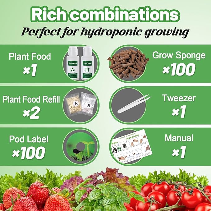 Bigmeta Hydroponic Pods Compatible with Aerogarden - Seed Sprout Pods Kit with Plant Food, 100pcs Grow Sponges, Pod Labels, for Most Indoor Hydroponics Growing Plants System