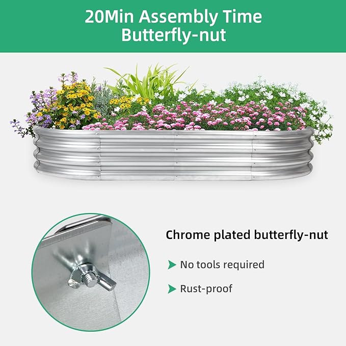 Thickening Galvanized Raised Garden Bed Kit, Tools Free Assembly Planter Box for Outdoor, Oval Larger Space Garden Bed Planter for Herbs, Vegetables, Fruits (Silvery, 6X3X1)