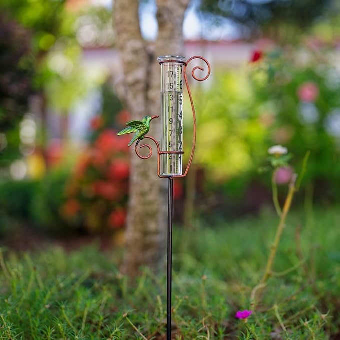 Rain Gauge Outdoor,Hummingbird Rain Gauges,Glass Decorative Rain Guage with Metal Stake for Garden Yard Lawn Decor