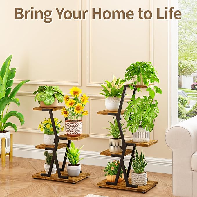 LASZOLA 3 Tier Tall Wood and Metal Plant Stand Indoor for Heavy Duty Planter, Large Multi Level Vertical Flower Shelf for Narrow Corner, Sturdy Rustic Rack Holder for House Patio, Space Saving, Black