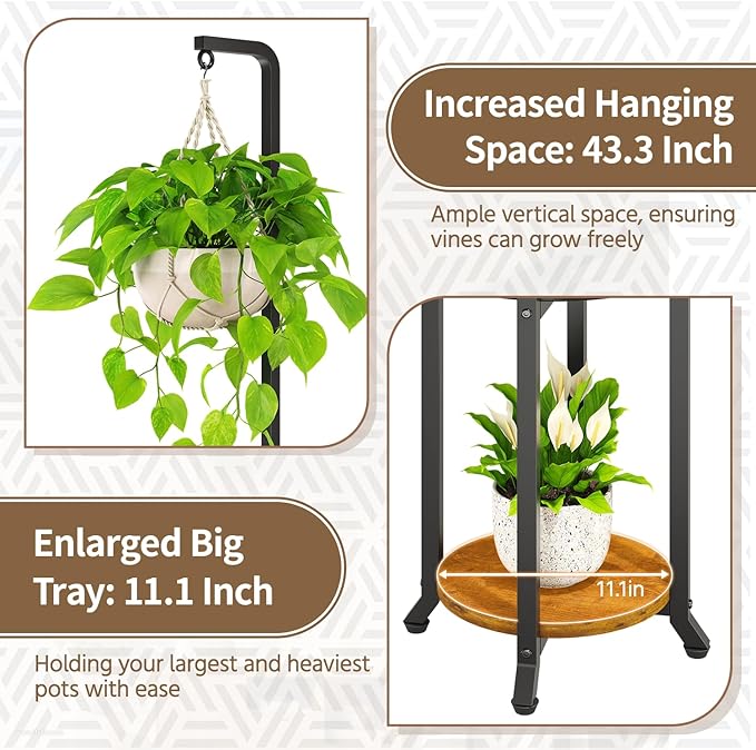 LASZOLA Black 2 Tier 61.5 Inch Tall Plant Stand Indoor with Hanging Ring, Large Heavy Duty Metal Vertical Corner Rack for Multiple Planter, Sturdy Rustic Flower Shelf Holder Organizer for House Patio